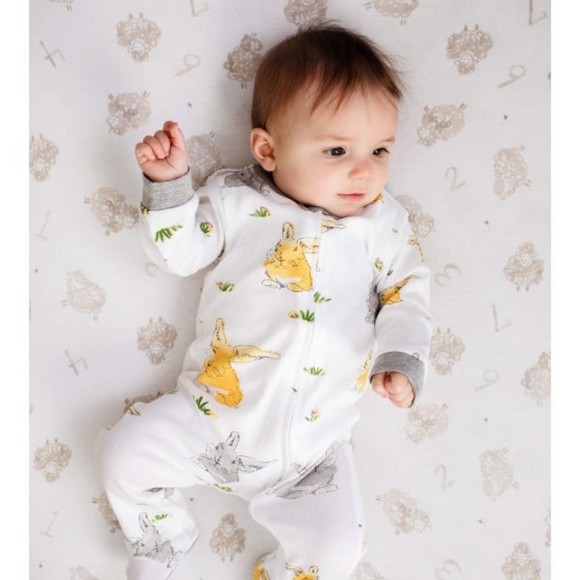 Bunny Trail Watercolor Organic Baby Zip Front Loose Fit Footed Pajamas - Picture 3 of 4